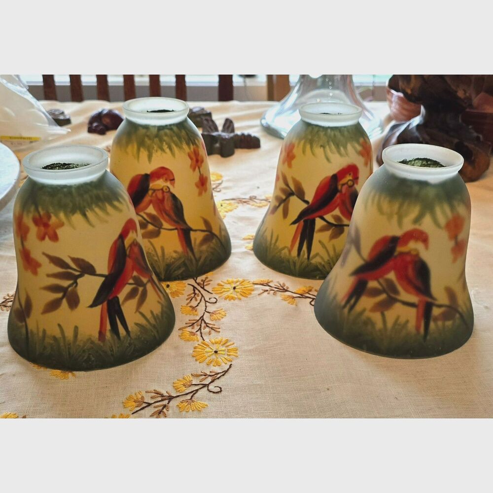 Vtg American Art Glass Shade  Antique Perching Parrots Hand Painted